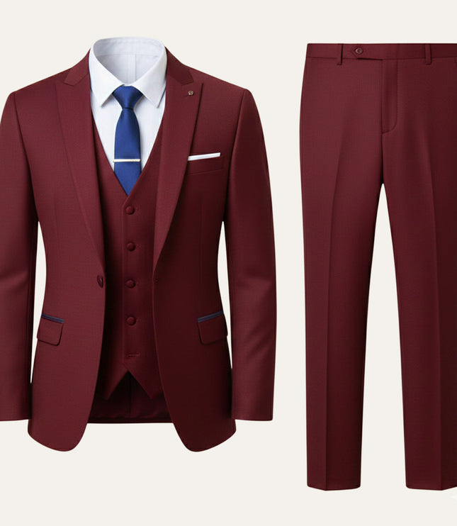 Burgundy maroon 3 piece formal suit with vest and dress pants