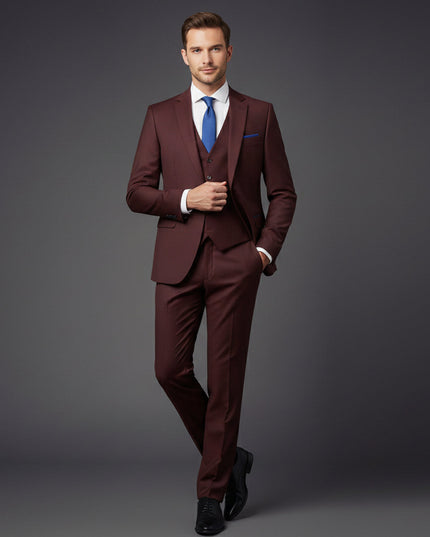 Burgundy formal suit worn with white shirt and blue tie