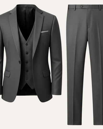 Charcoal gray 3 piece formal tuxedo suit with matching vest