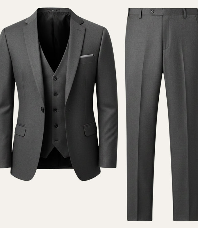 Charcoal gray 3 piece formal tuxedo suit with matching vest