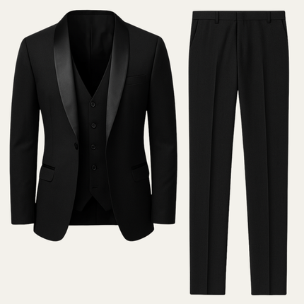 Black formal 3 piece tuxedo suit with satin lapel vest and trousers