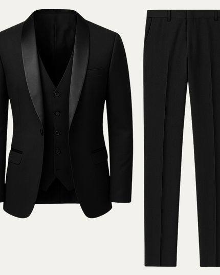 Black formal 3 piece tuxedo suit with satin lapel vest and trousers