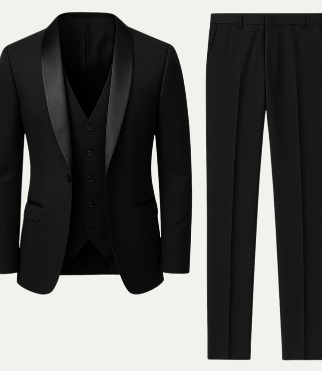 Black formal 3 piece tuxedo suit with satin lapel vest and trousers