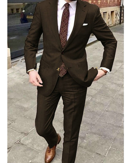 Dark brown single-breasted formal suit with notch lapel styling