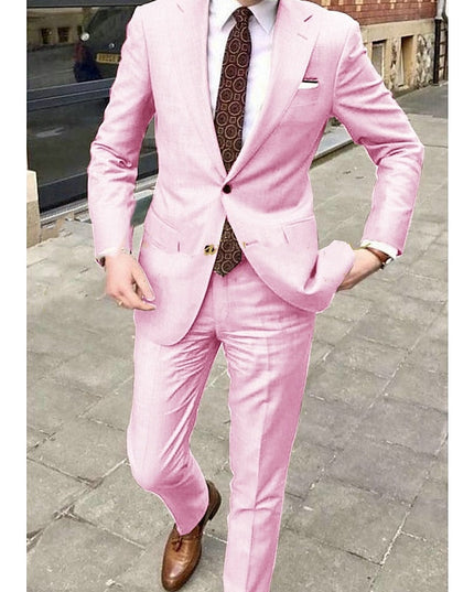 Soft pink two-button formal suit with notch lapel and burgundy tie