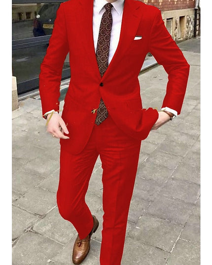 Bright red single-breasted formal suit with notch lapel closure