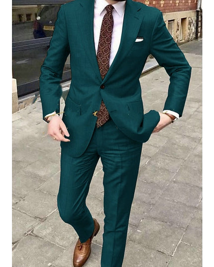 Teal two-button formal suit with notch lapel and brown leather shoes