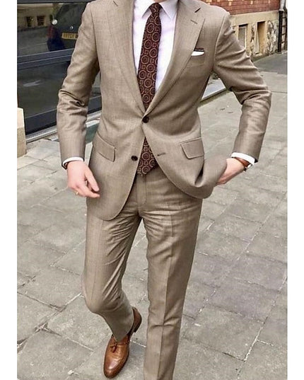 Beige single-breasted formal suit with notch lapel and two-button closure