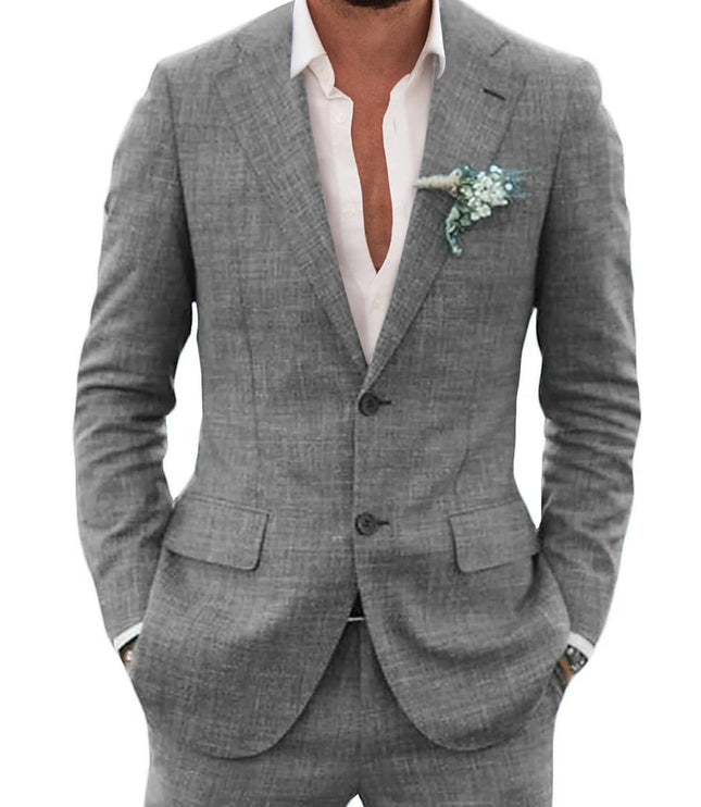 Gray two-button notched lapel formal suit with textured weave fabric for men