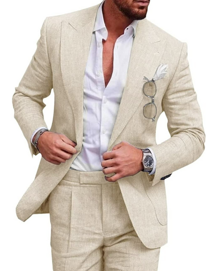 Cream linen two-button formal wedding suit with notched lapels for men