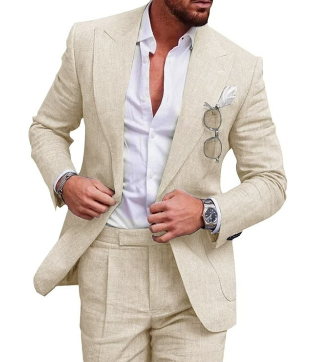 Cream linen two-button formal wedding suit with notched lapels for men