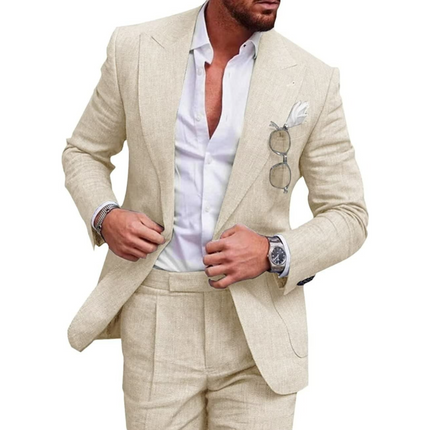 Cream linen two-button formal wedding suit with notched lapels for men