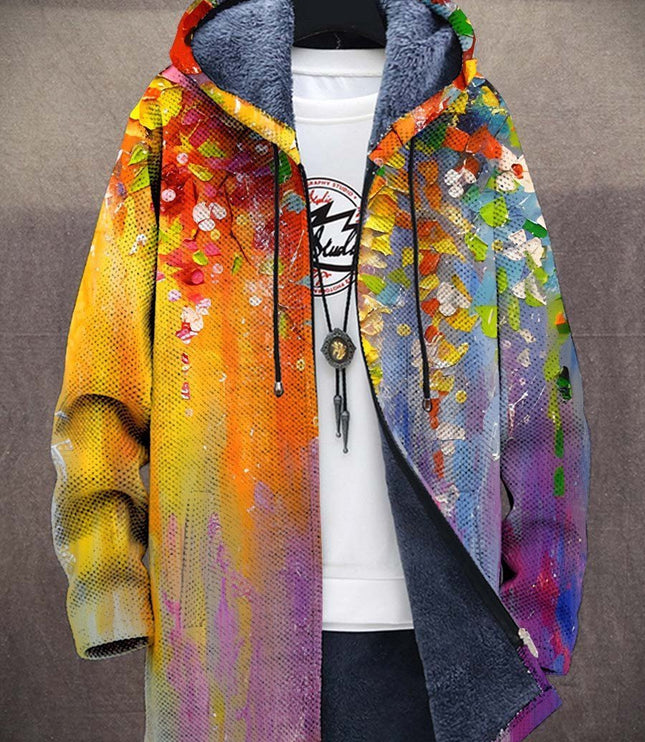 Men's Fleece-Lined Zip-Up Hooded Cardigan Abstract Art Print - Rainbow