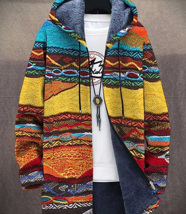Men's Fleece-Lined Zip-Up Hooded Cardigan Abstract Art Print - Retro