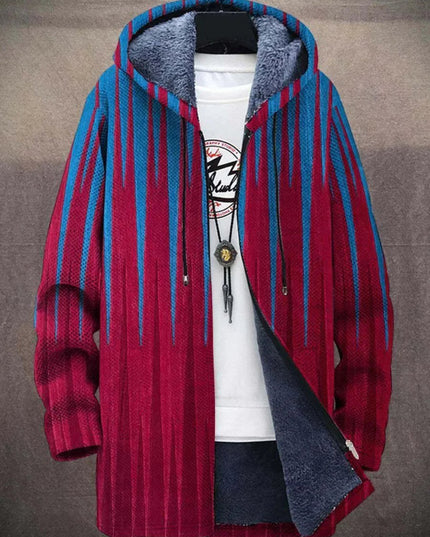Men's Fleece-Lined Zip-Up Hooded Cardigan Abstract Art Print - Red