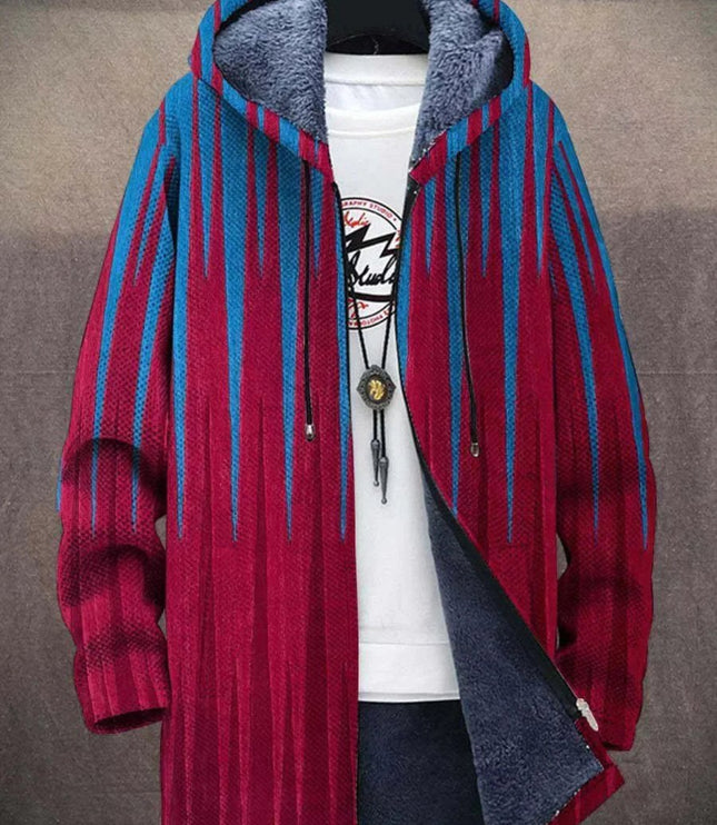 Men's Fleece-Lined Zip-Up Hooded Cardigan Abstract Art Print - Red