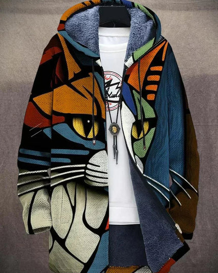 Men's Fleece-Lined Zip-Up Hooded Cardigan Abstract Art Print - Cat