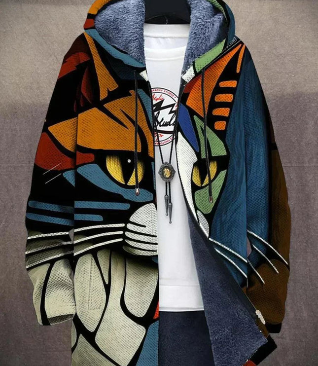 Men's Fleece-Lined Zip-Up Hooded Cardigan Abstract Art Print - Cat