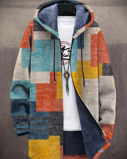 Men's Fleece-Lined Zip-Up Hooded Cardigan Abstract Art Print - Multicolor