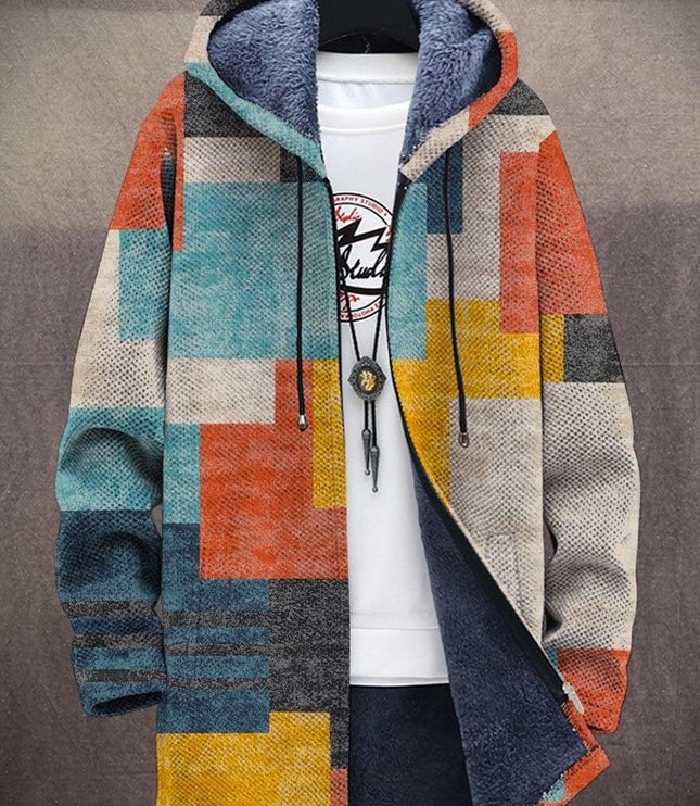 Men's Fleece-Lined Zip-Up Hooded Cardigan Abstract Art Print - Multicolor