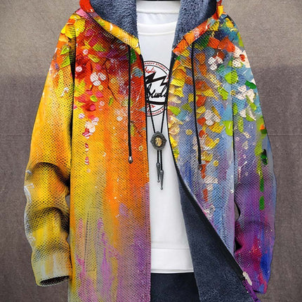 Men's Fleece-Lined Zip-Up Hooded Cardigan Abstract Art Print
