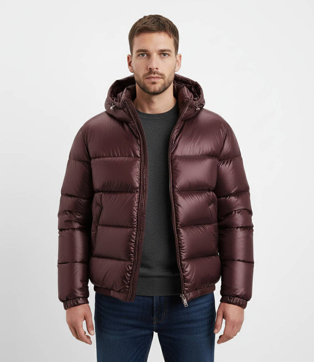 Men's Glossy Hood Gathered Sleeve Puffer Jacket