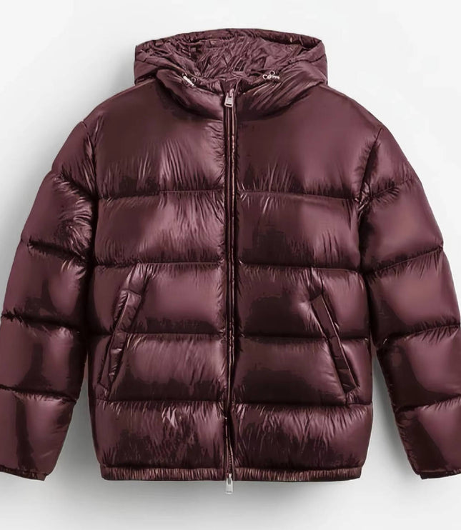 Men's Glossy Hood Gathered Sleeve Puffer Jacket
