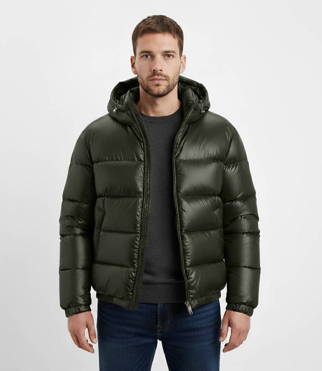 Men's Glossy Hood Gathered Sleeve Puffer Jacket