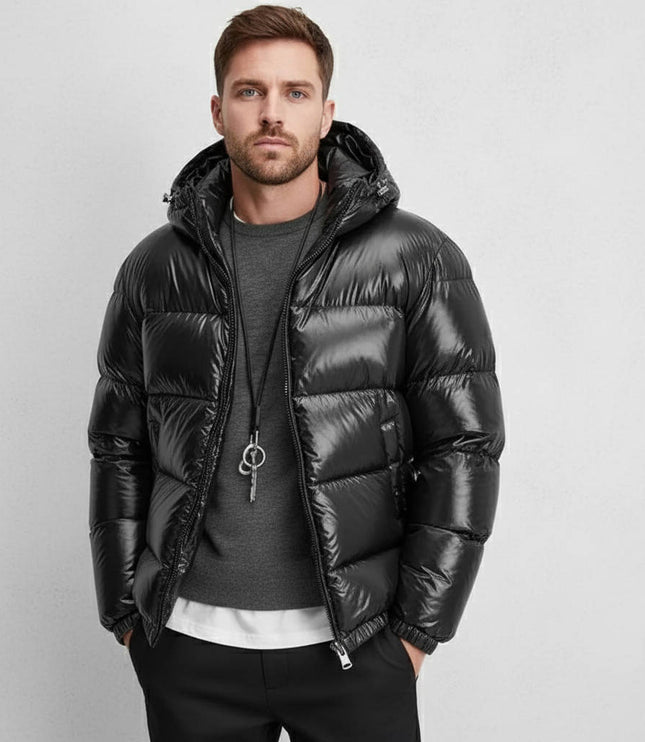 Men's Glossy Hood Gathered Sleeve Puffer Jacket