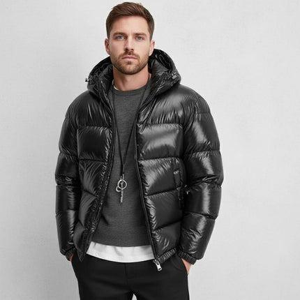 Men's Glossy Hood Gathered Sleeve Puffer Jacket