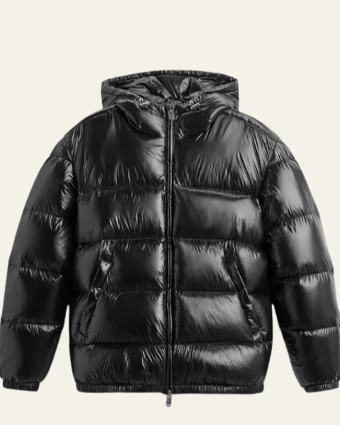 Men's Glossy Puffer Jacket with Drawcord Hood and Zip Front