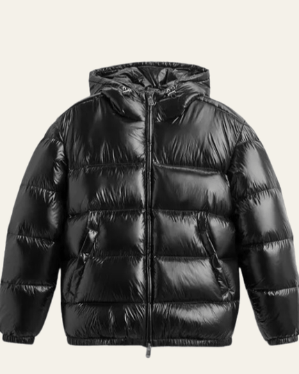 Men's Glossy Puffer Jacket with Drawcord Hood and Zip Front