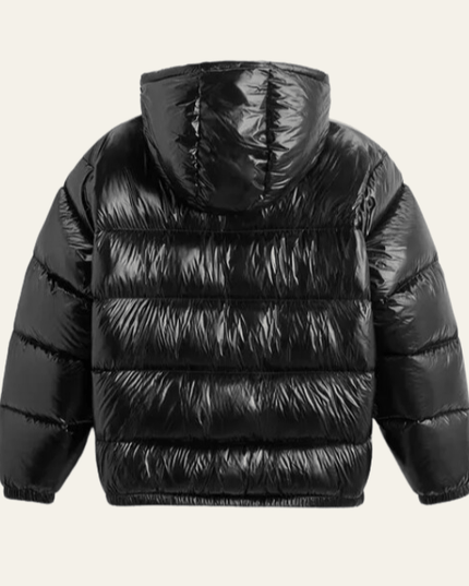 Men's Glossy Puffer Jacket with Drawcord Hood and Zip Front