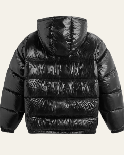 Men's Glossy Puffer Jacket with Drawcord Hood and Zip Front