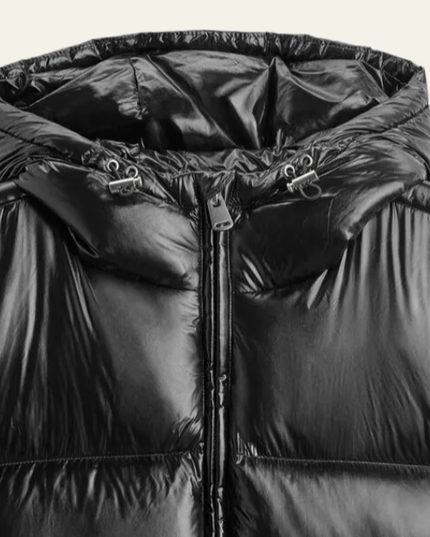 Men's Glossy Puffer Jacket with Drawcord Hood and Zip Front