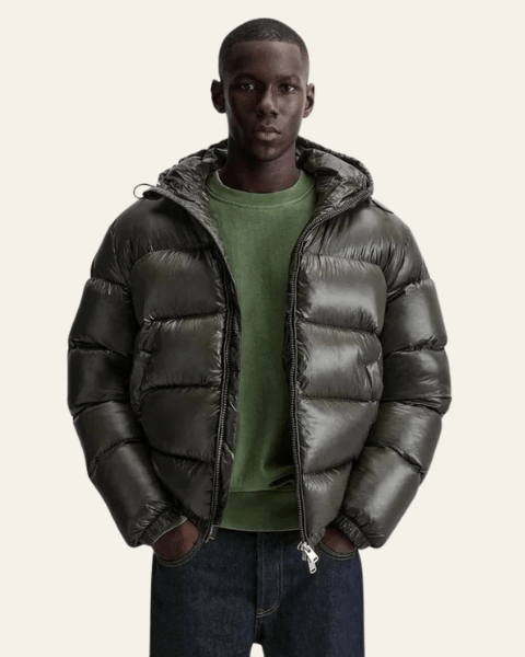 Men's Glossy Puffer Jacket with Drawcord Hood and Zip Front
