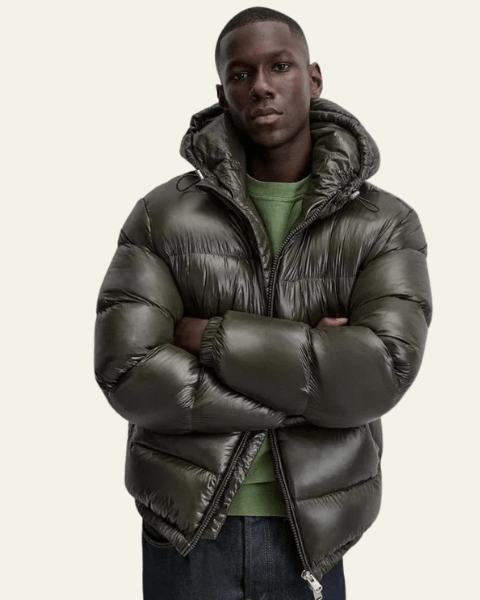 Men's Glossy Puffer Jacket with Drawcord Hood and Zip Front