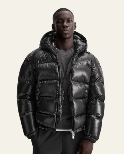 Men's Glossy Puffer Jacket with Drawcord Hood and Zip Front