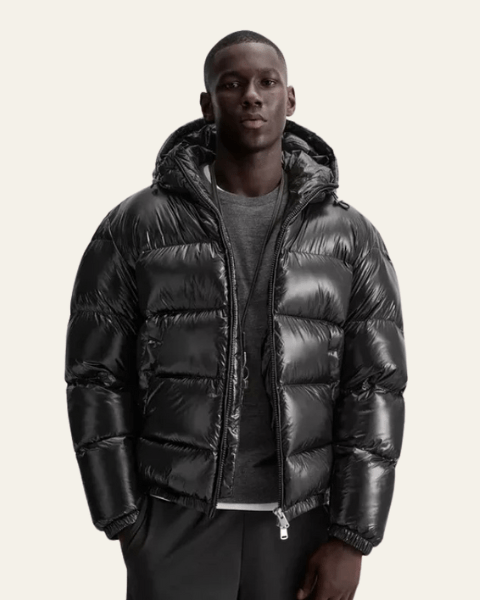Men's Glossy Puffer Jacket with Drawcord Hood and Zip Front