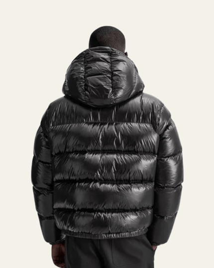 Men's Glossy Puffer Jacket with Drawcord Hood and Zip Front