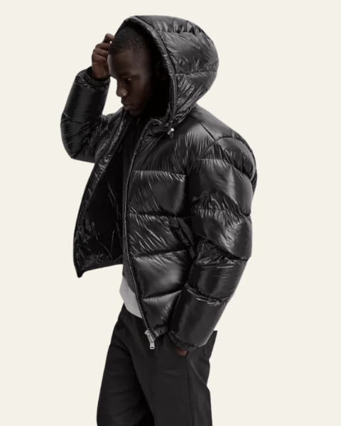 Men's Glossy Puffer Jacket with Drawcord Hood and Zip Front