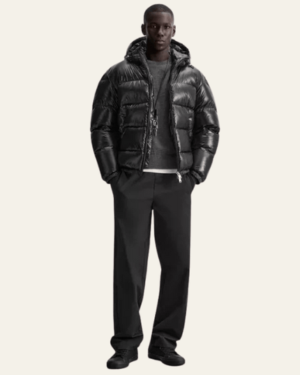 Men's Glossy Puffer Jacket with Drawcord Hood and Zip Front