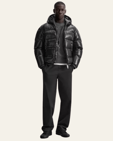 Men's Glossy Puffer Jacket with Drawcord Hood and Zip Front