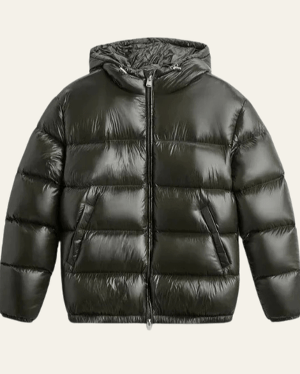 Men's Glossy Puffer Jacket with Drawcord Hood and Zip Front