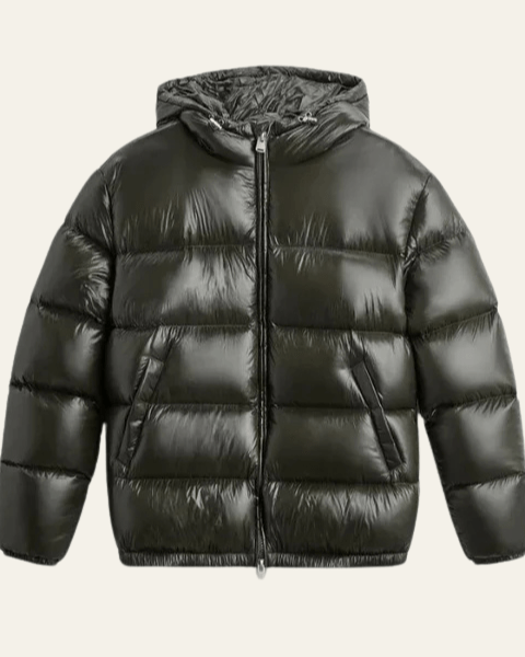 Men's Glossy Puffer Jacket with Drawcord Hood and Zip Front
