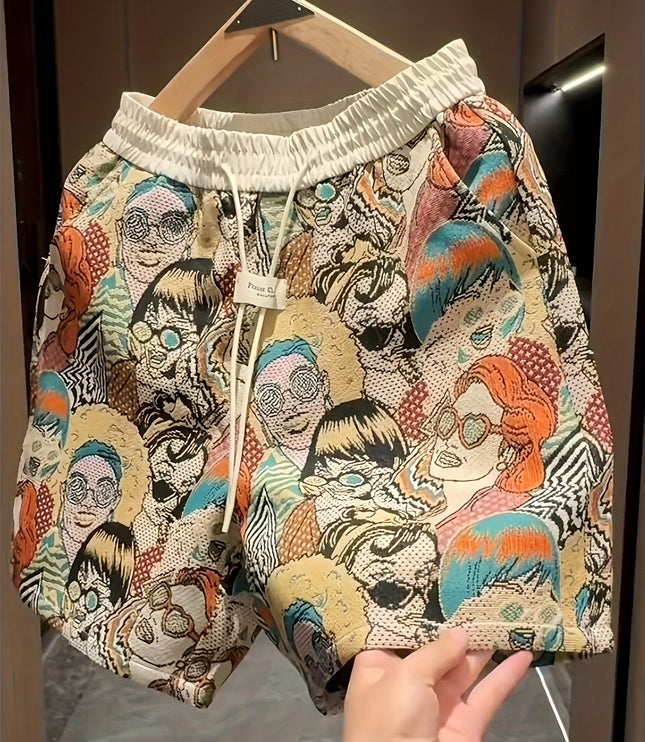 Relaxed fit shorts displaying detailed graphic artwork with illustrated character faces throughout