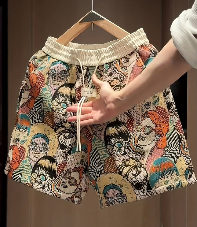 Men's graphic shorts with drawstring waist and loose wide leg silhouette in mixed color print