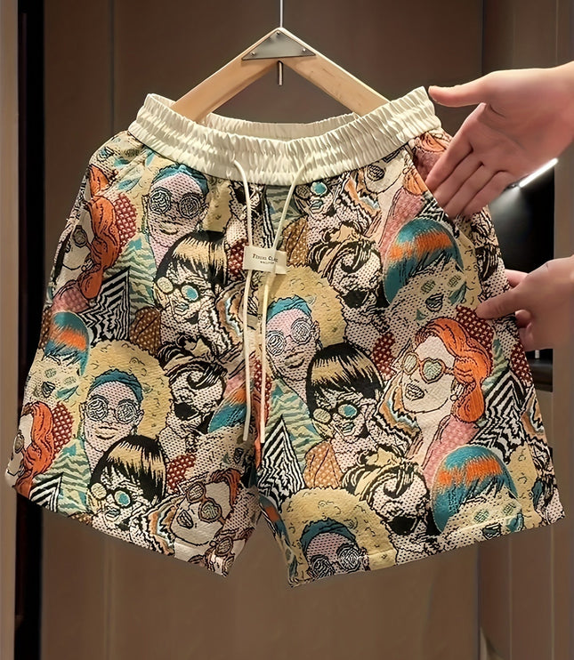 Wide leg relaxed shorts with cream elastic waistband and bold multi-color graphic design
