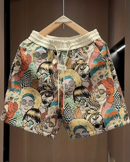 Men's relaxed wide leg shorts with colorful graphic print featuring illustrated faces and patterns