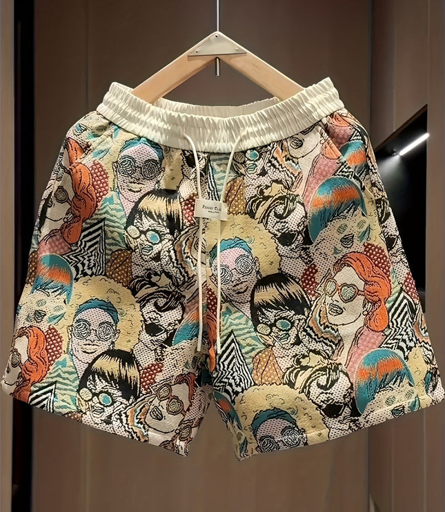 Men's relaxed wide leg shorts with colorful graphic print featuring illustrated faces and patterns